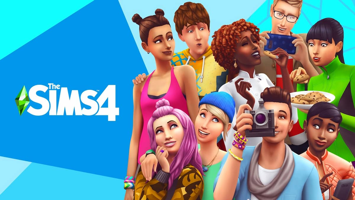 An image of the key art for the Sims 4 base game, which features many different sims standing together and posing for a photo.