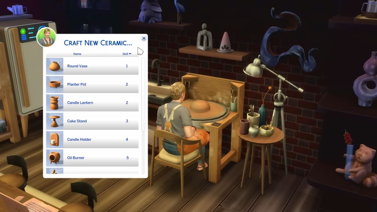 An image from The Sims 4 of a sim using the pottery table to throw objects.