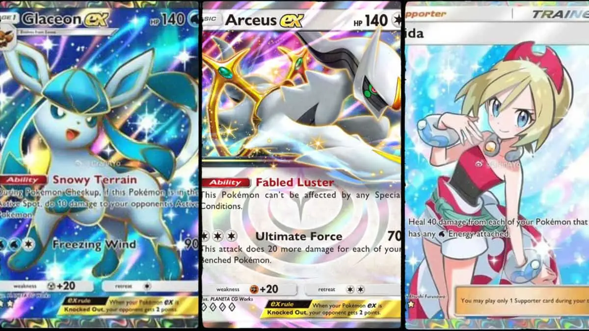 Glaceon ex, Arceus, ex, and Irida from Triumphant Light in Pokemon TCG Pocket