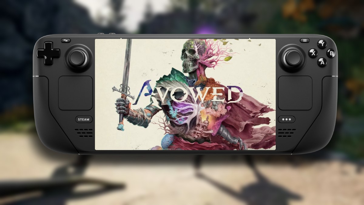 Avowed cover art on steam deck with blurred gameplay in background