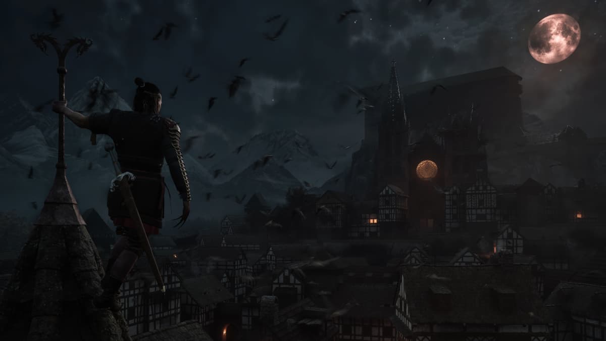 A man hanging from the roof of a building staring into the night under a bright blood moon with bats flying all around in Blood of Dawnwalker.