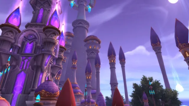 Glowing purple Dalaran city in World of Warcraft.