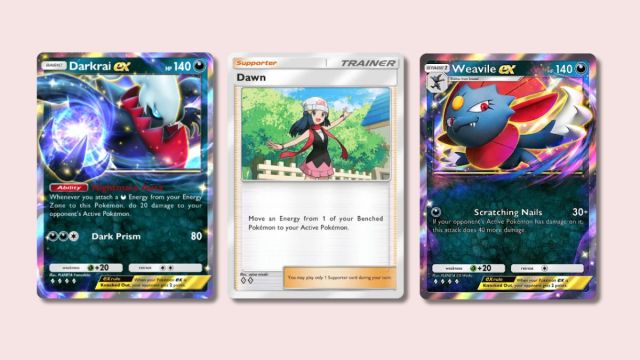 Darkrai Ex, Dawn, dan Weavile Ex Pokémon TCG Pocket Cards dengan latar belakang merah muda.