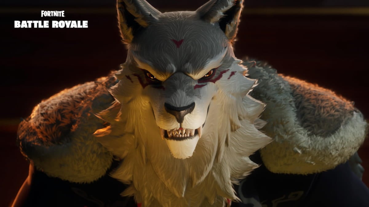 This image from Fortnite shows Fletcher, a giant wolf creature, against a black background.