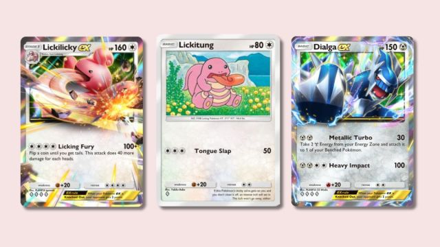 Lickilicky Ex, Lickitung, dan Dialga Ex Pokémon TCG Pocket Cards dengan latar belakang merah muda.