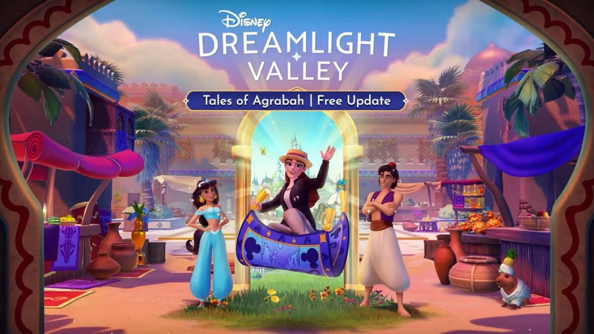 A player riding a magic carpet out of a Realm door in between Jasmine and Aladdin in Disney Dreamlight Valley.