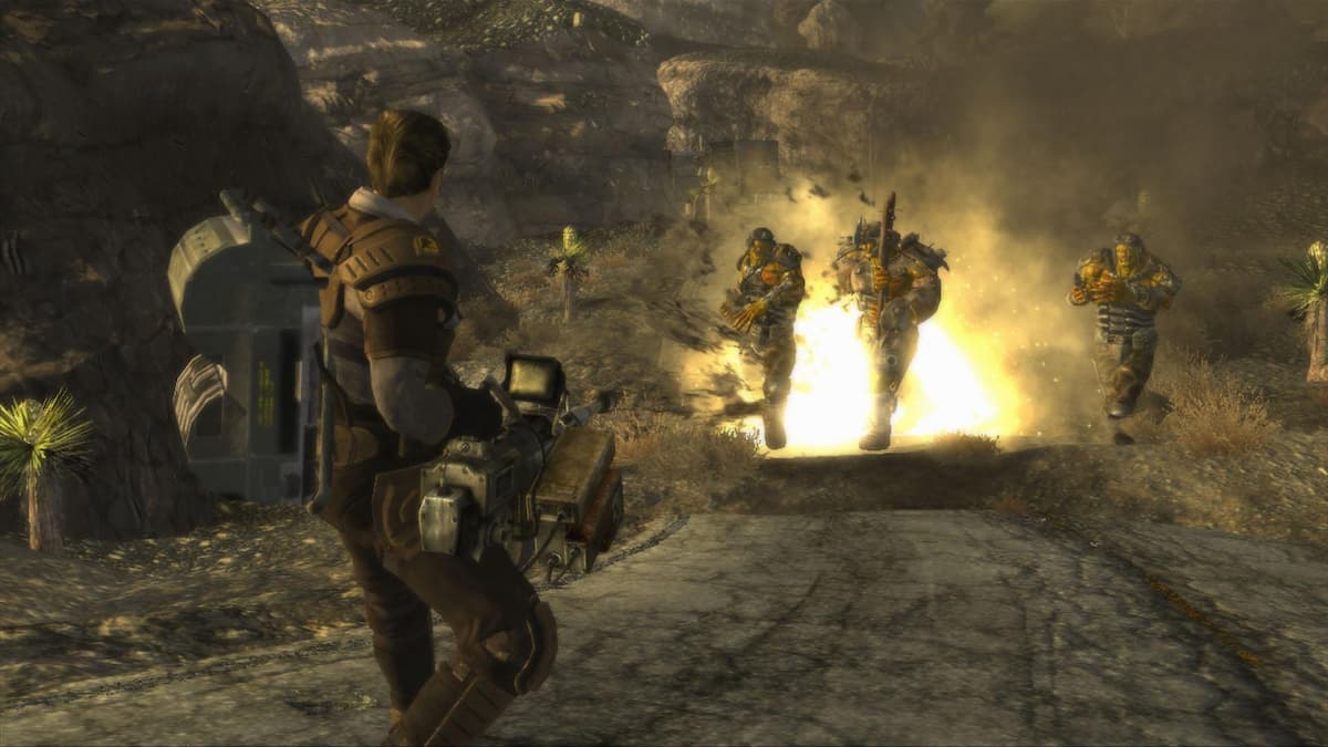 A fallout new Vegas player shotting at two enemies.