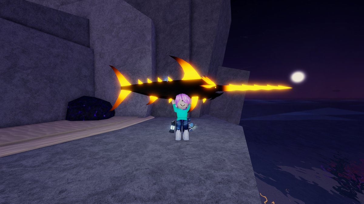 Player holding the Scalding Swordfish on the surface world of Fisch.