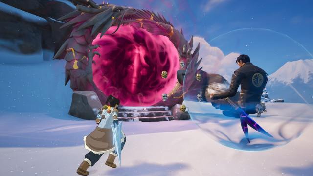 Korra berlari oleh Daigo mengambang di gelembung dan portal merah muda berputar -putar di Fortnite.