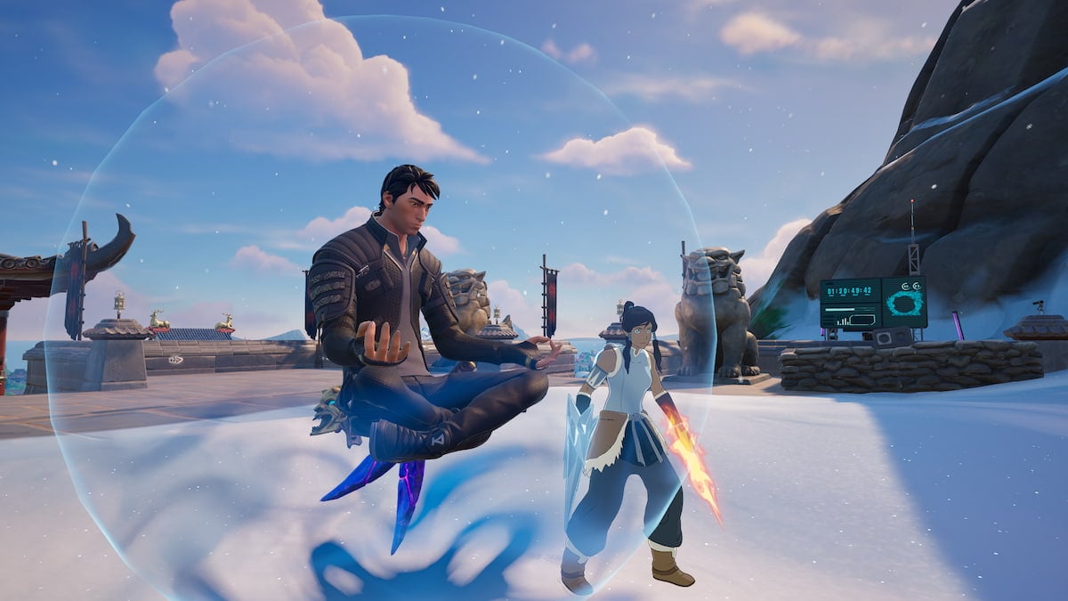 Korra standing next to Daigo floating in a bubble in Fortnite.