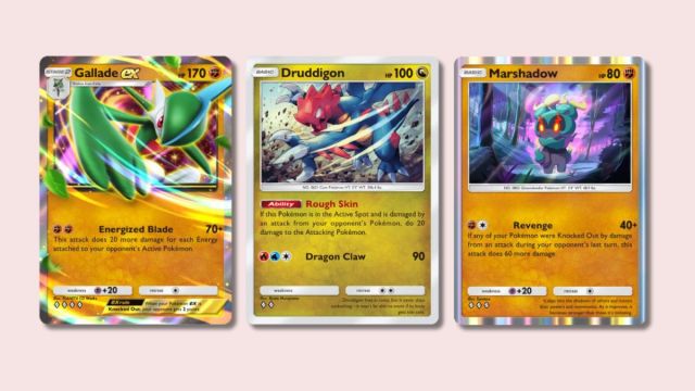 Gallade Ex, Druddigon, dan Marshadow Pokémon TCG Pocket Cards dengan latar belakang polos.