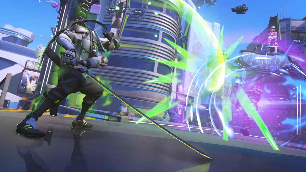 Genji in a match during a Stadium mode game in Overwatch 2