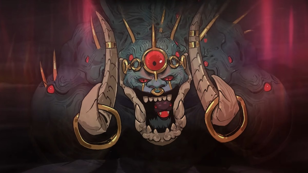 Hades 2 Typhon boss fight close up of giant blue titan with horns on jaw and red evil eyes around body screaming