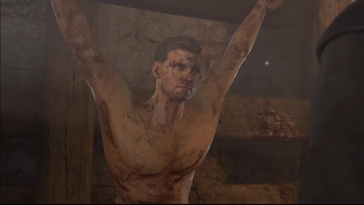 Kingdom Come Deliverance 2 henry getting tortured with hands tied up and he is shirtless with blood