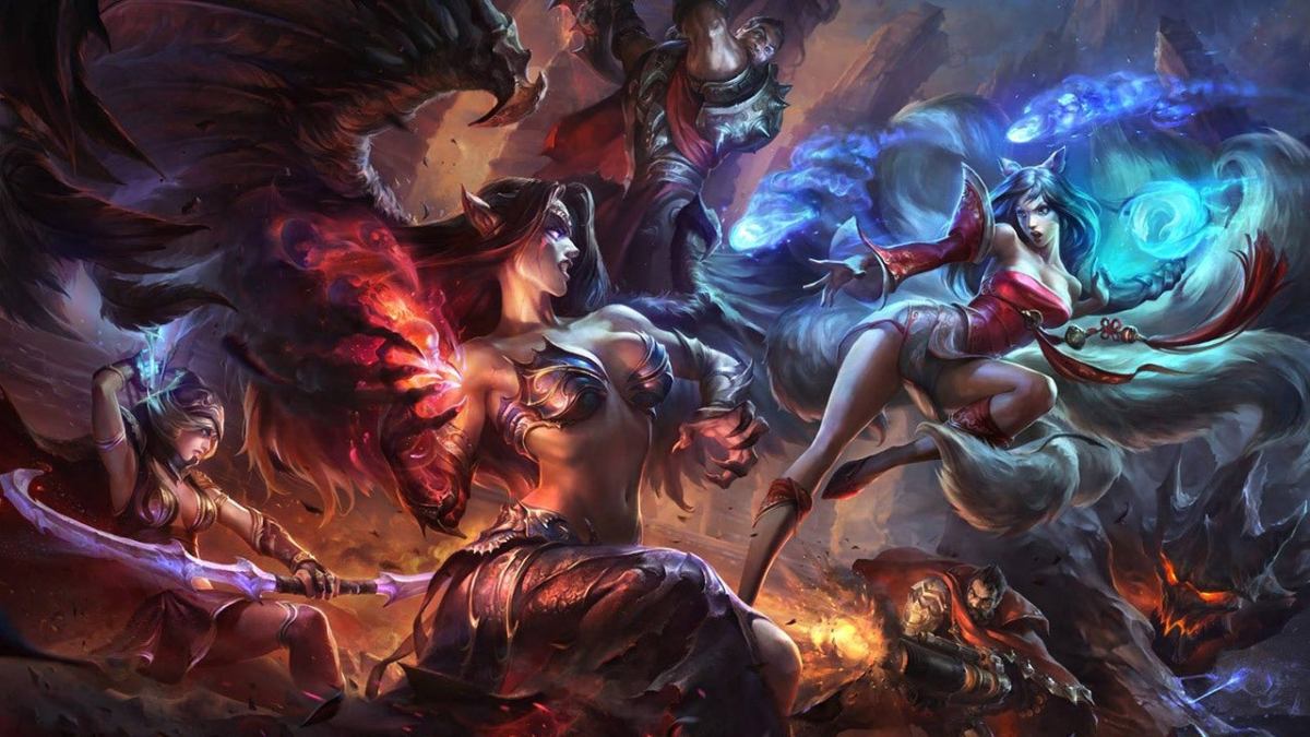 Ahri, Morgana, graves, ashe, darius, and malphite fighting