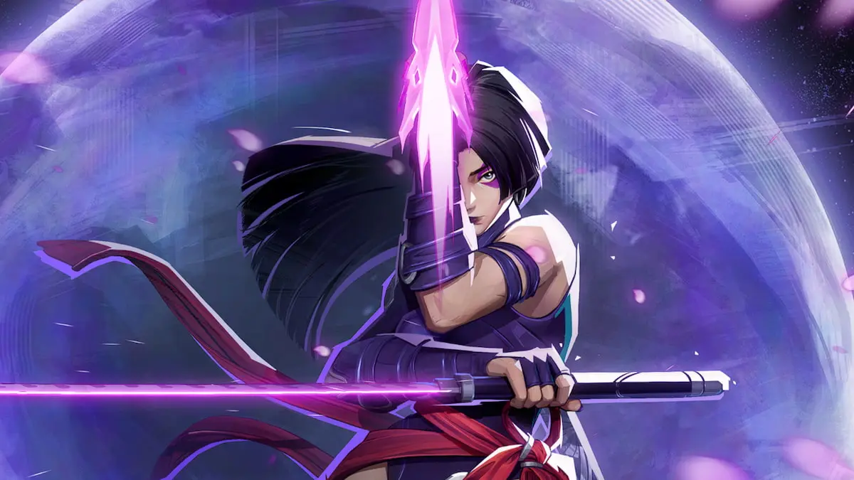 Psylocke holding her pink crossbow while pointing it up with her other hand on her sword in Marvel Rivals.