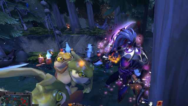 Strange amphibious frog-like creatures attacking a hero in a forest basin in Dota 2.