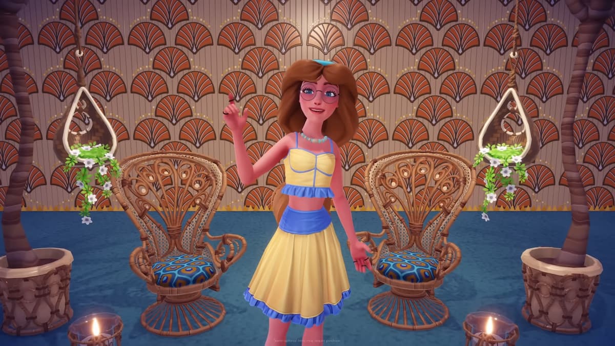 A player wearing a yellow and light purple/blue dress standing by some chairs and candles from the Oasis Retreat Star Path in Disney Dreamlight Valley.