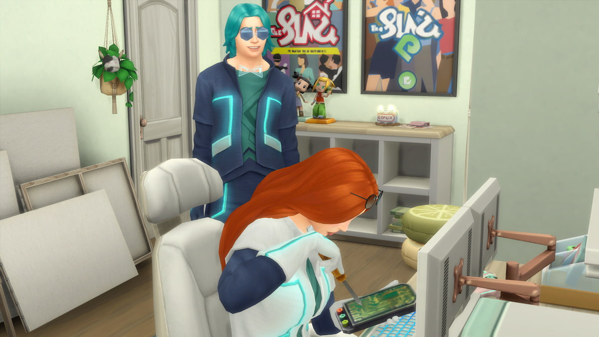 A Sim with orange hair and a white and blue time travel outfit overclocking a computer while Emit Relevart stands by them and watches in The Sims 4.