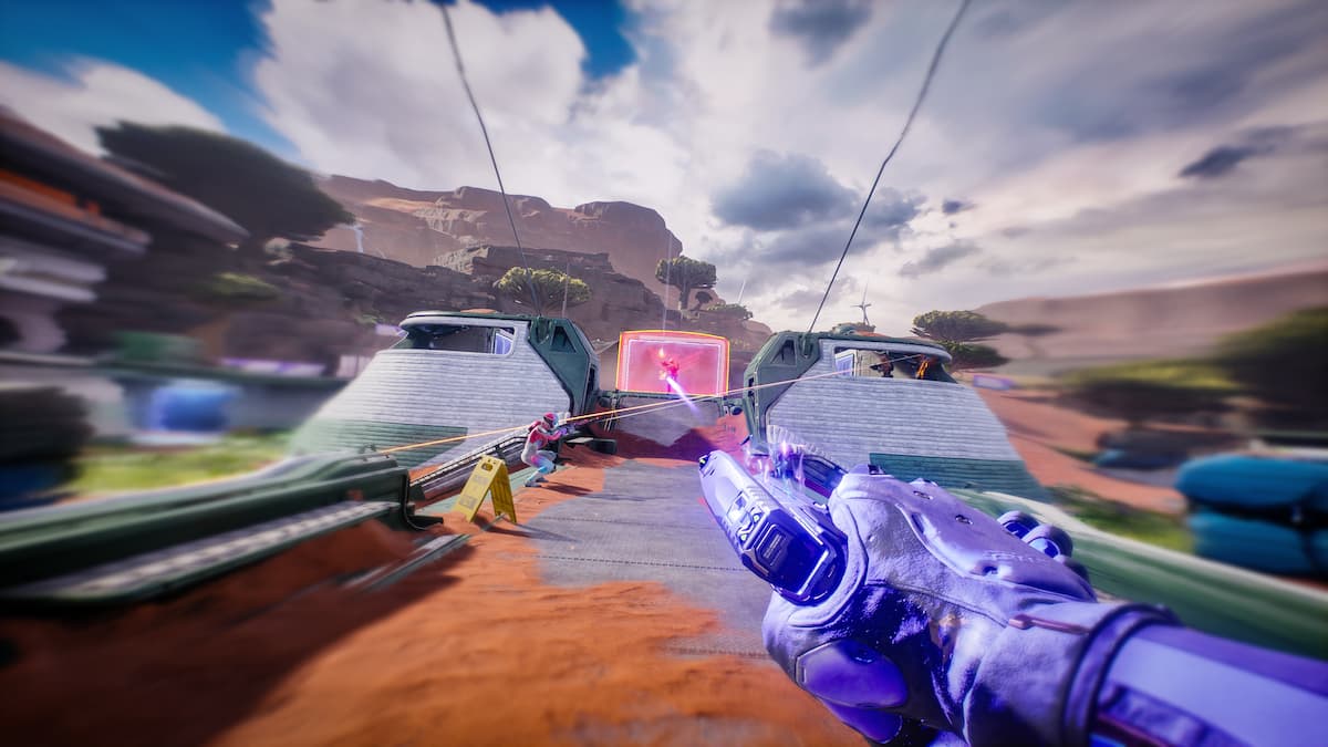 Splitgate 2 character sliding on the Frontier map