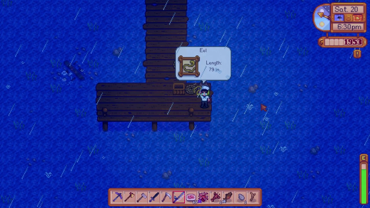 Stardew Valley character after catching an eel at the beach on top of wooden planks.