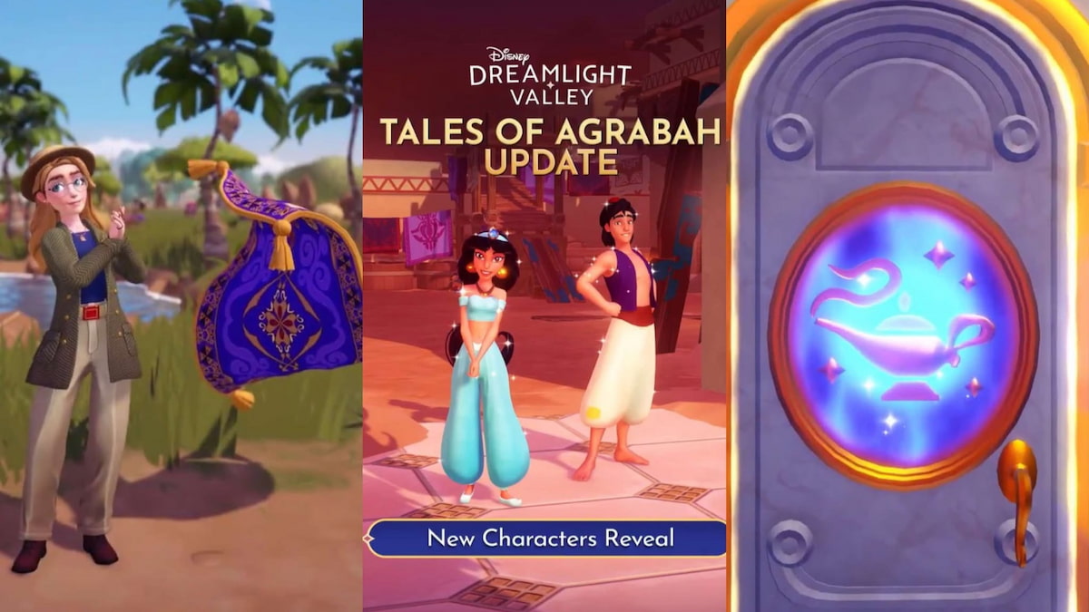 Jasmine and Aladdin, a magic carpet next to a player, and a magic lamp on a Realm door in Disney Dreamlight Valley.