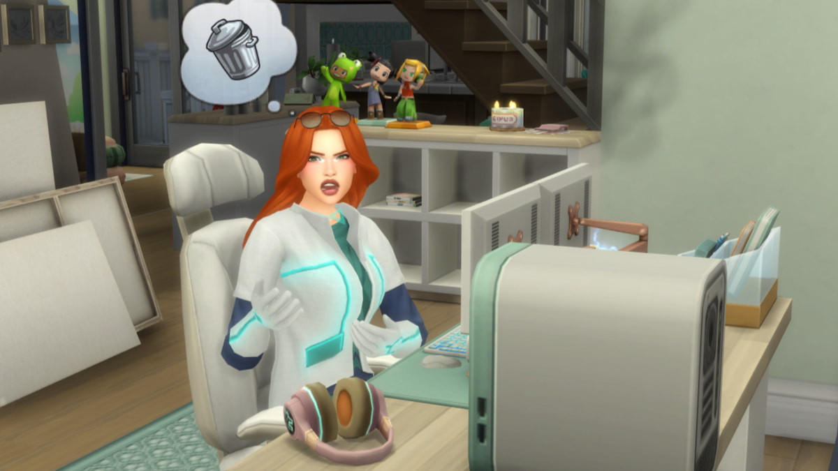 An angry Sim with orange hair and a white and blue time traveler outfit looking to the side in annoyance next to a broken computer in The Sims 4.