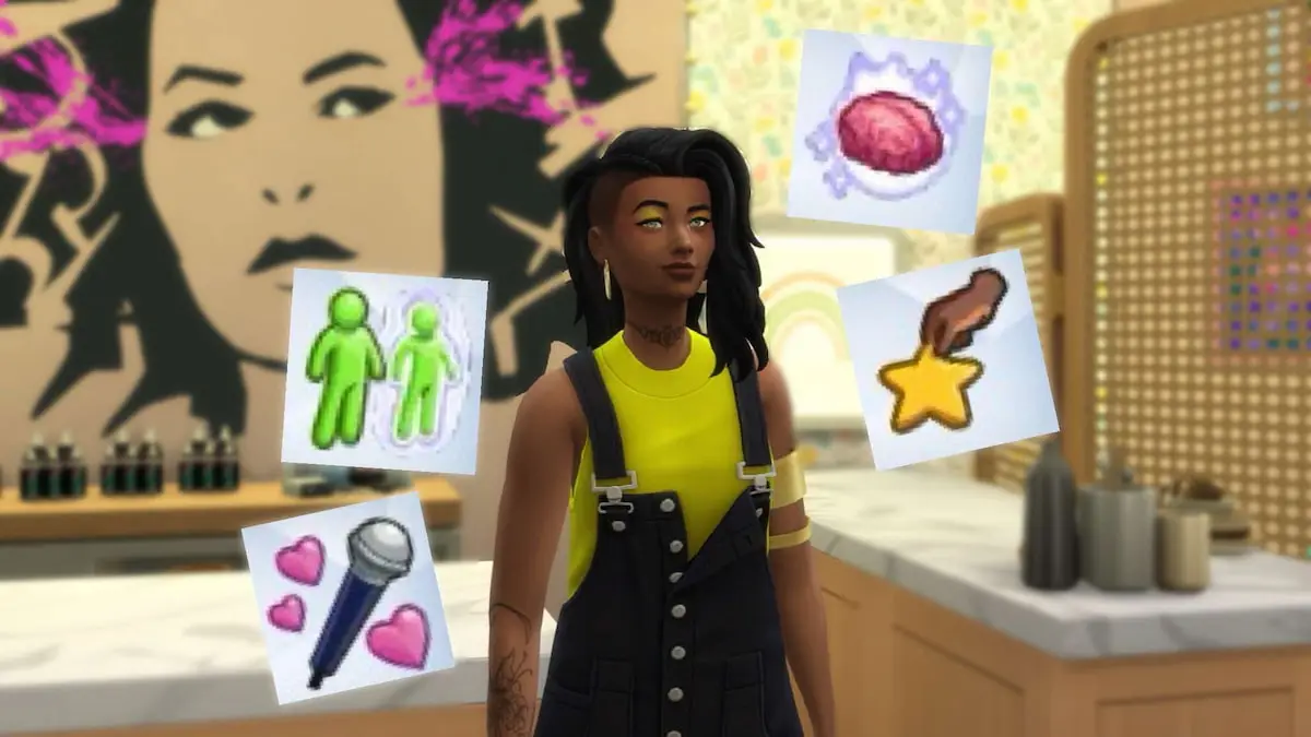 A Sim in yellow and black overalls with four Skill Mastery Perk icons around them in The Sims 4.