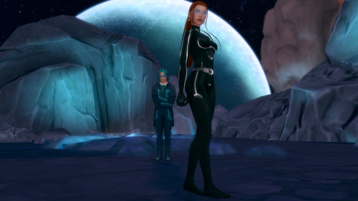 A Sim in a black spacesuit standing on Sixam in space with Emit Relevart in The Sims 4.