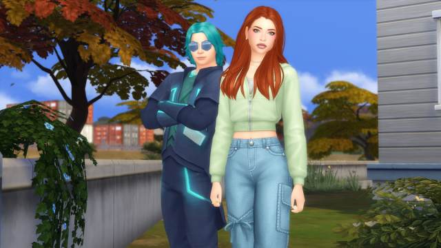 A Sim with orange hair and a green zip up jacket standing with time traveler Emit Relevart who has blue hair and a grey and blue glowing outfit in The Sims 4.