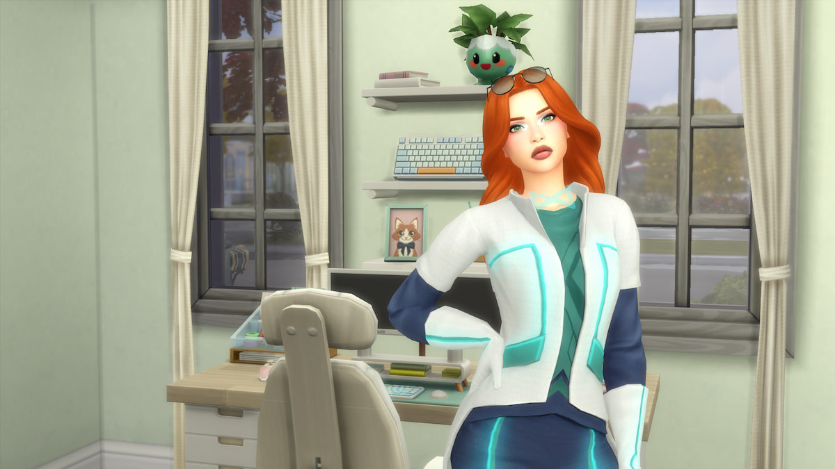 A Sim with orange hair and a white and blue time travel outfit standing in front of a computer in an office in The Sims 4.