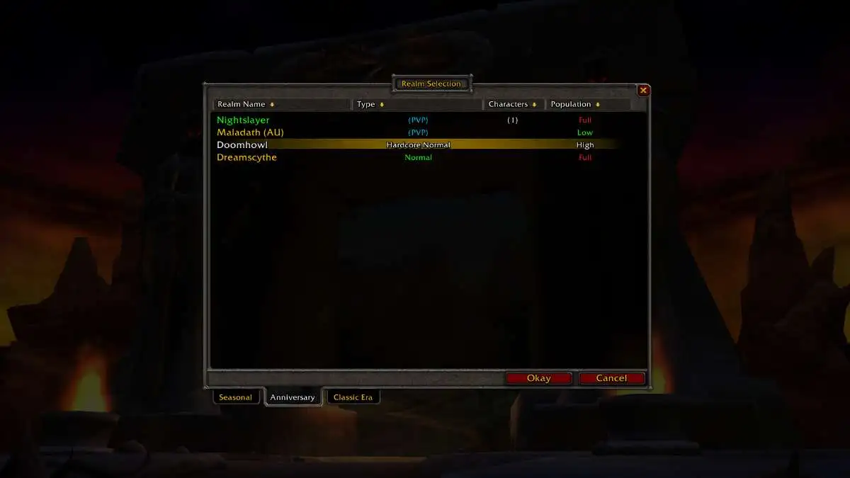 World of Warcraft server select screen showing doomhowl hilighted.