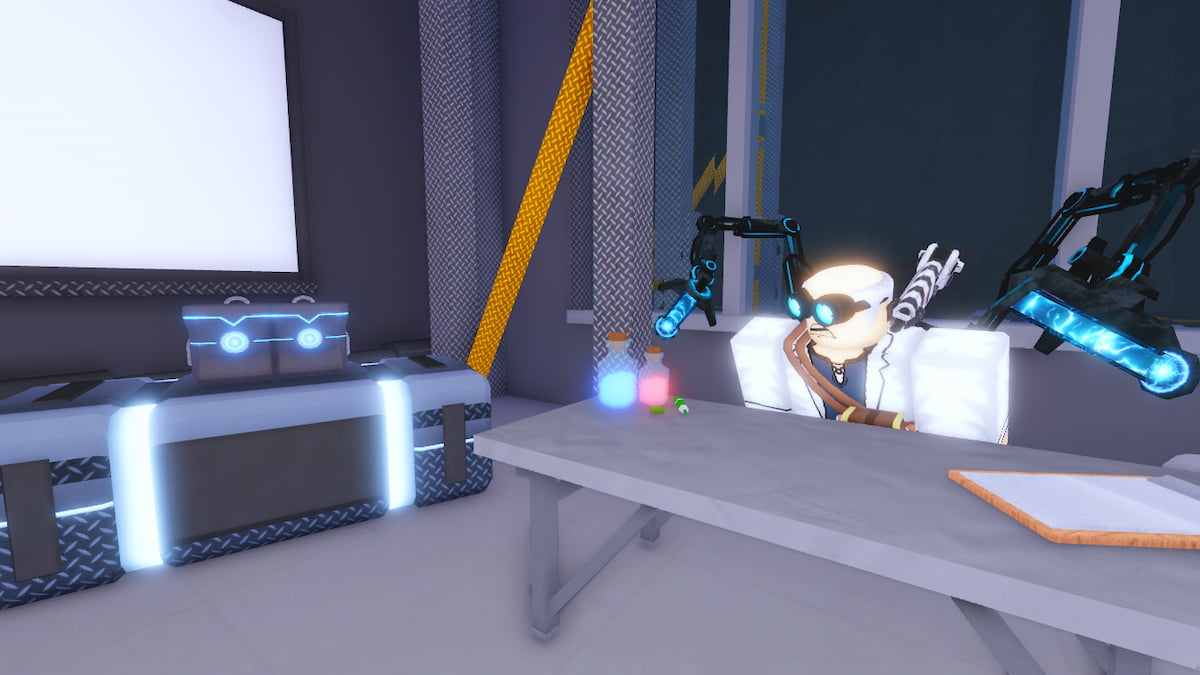 Picture showing the Glimmersuit boots and Crookspine NPC in Fisch.