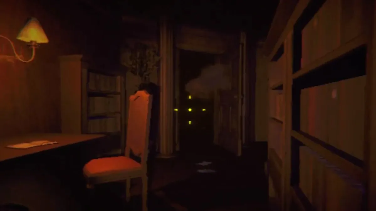 A shot of the Hidden's breath inside Headman Manor, between a chair and bookcase