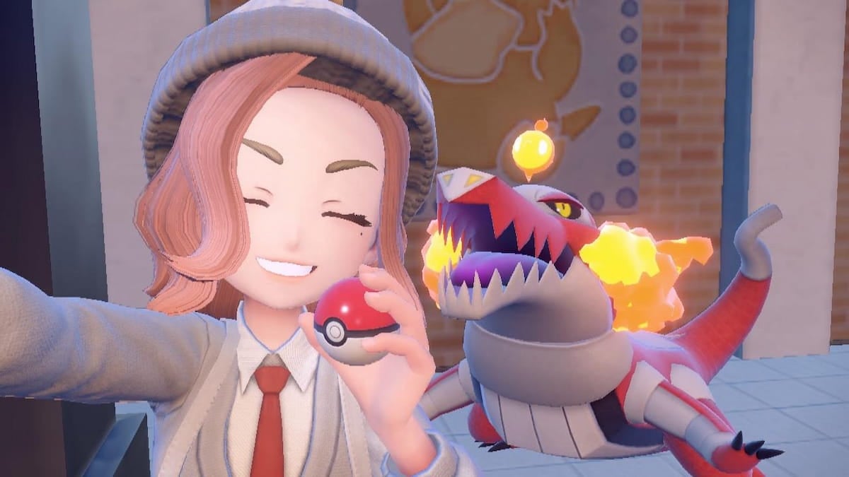 Pokémon trainer taking a selfie with Skeledirge in Scarlet and Violet.