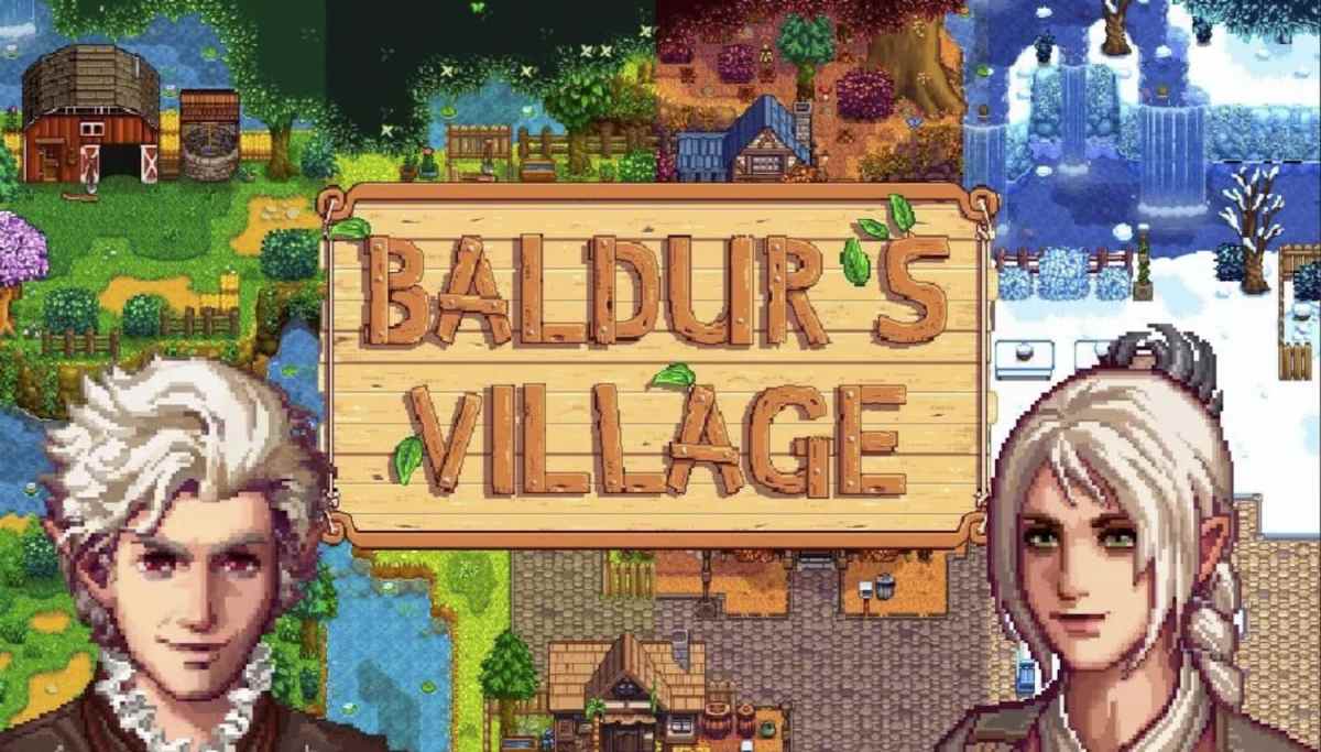 A screenshot of locations from Stardew Valley with stylized portraits of Shadowheart and Astarion. "Baldur's Village" stretches across the middle of the image.