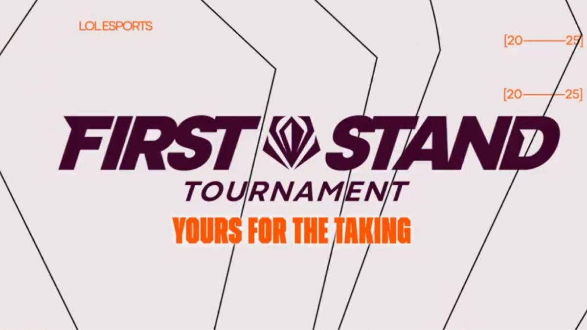 A screenshot of the First Stand Tournament poster with tagline, showing texts in purple and orange colors, along with black lines for design.