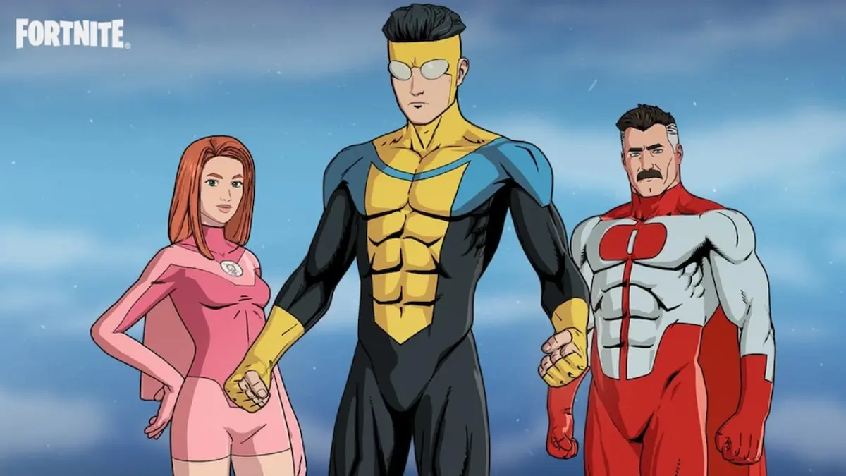 Invincible, Atom Eve, and Omni-Man standing together in Fortnite.