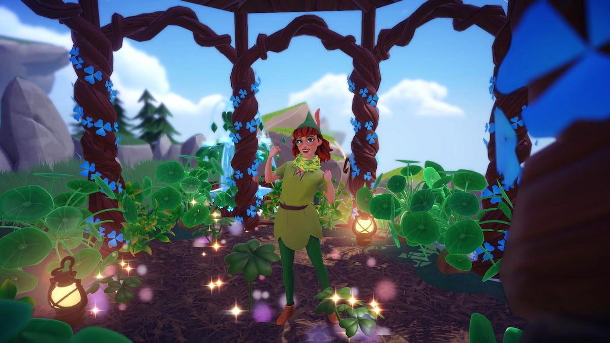 A player dressed as peter pan in all green standing by some clovers for the lucky you event in Disney Dreamlight Valley.