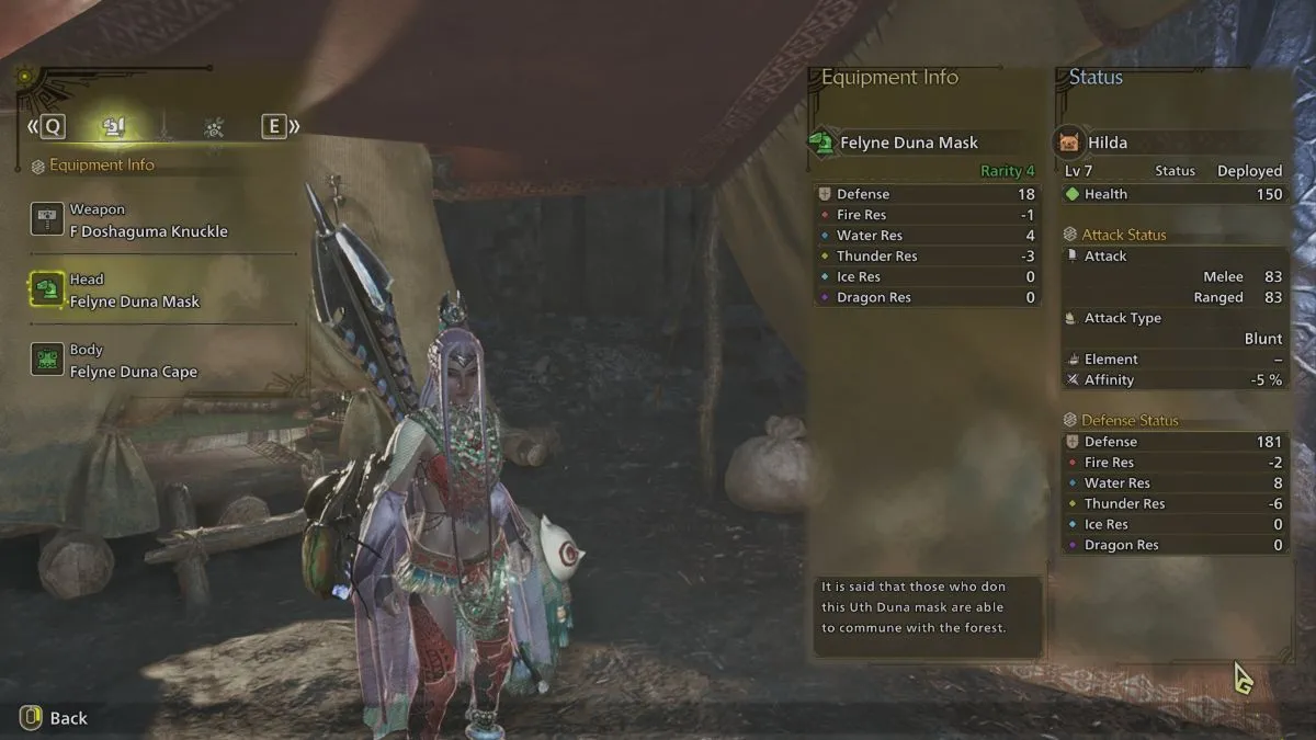 Monster Hunter Wilds menu showing the Palico's stats.