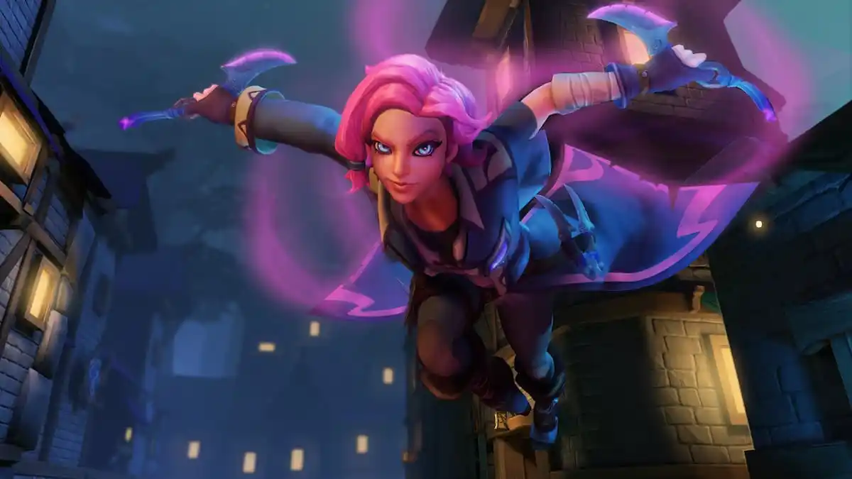 A woman with two daggers jumping down form a platform in Paladins.