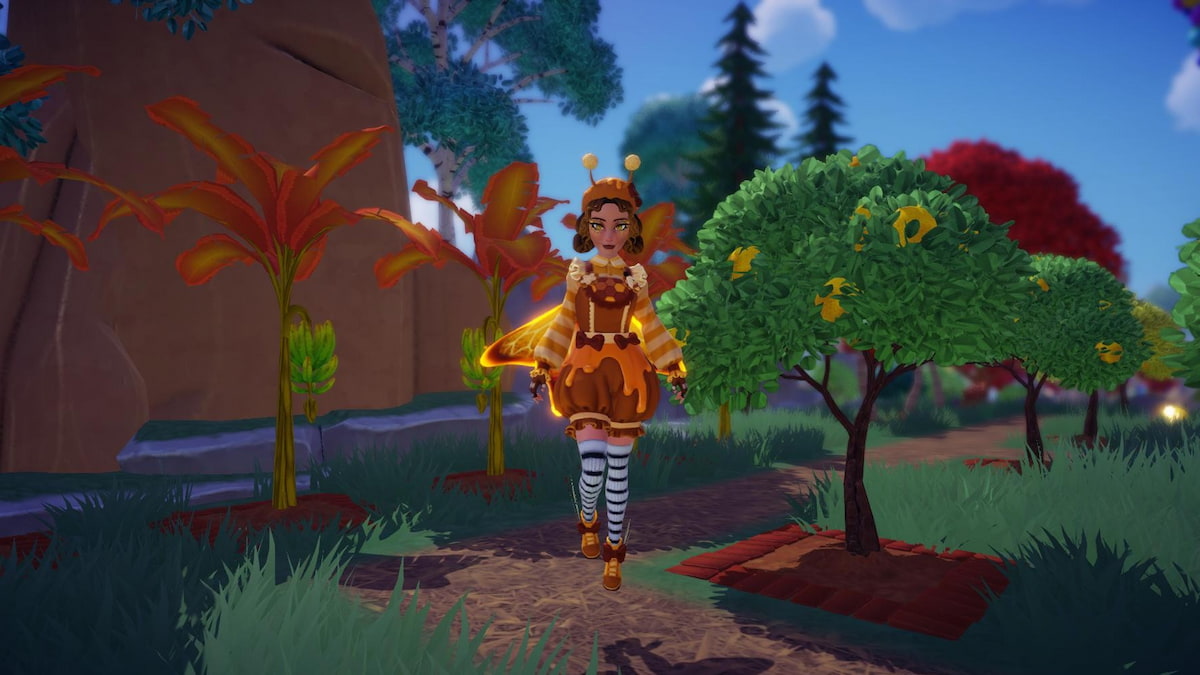 A player dressed in a bee outfit flying by yellow lemon and banana trees in Disney Dreamlight Valley.