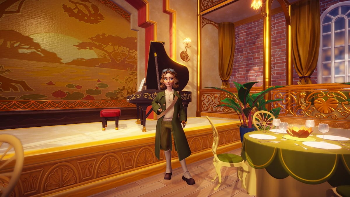 A player with gold glasses and a long green coat standing by a green table and in front of a gold stage in Disney Dreamlight Valley