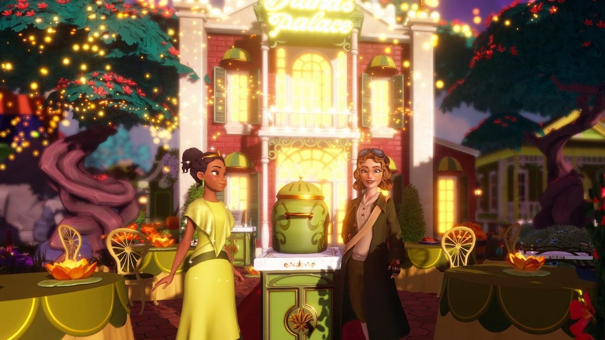 A player with gold glasses, short curly brown hair, and a long green coat standing by Tiana and a green Slow Cooker in Disney Dreamlight Valley.