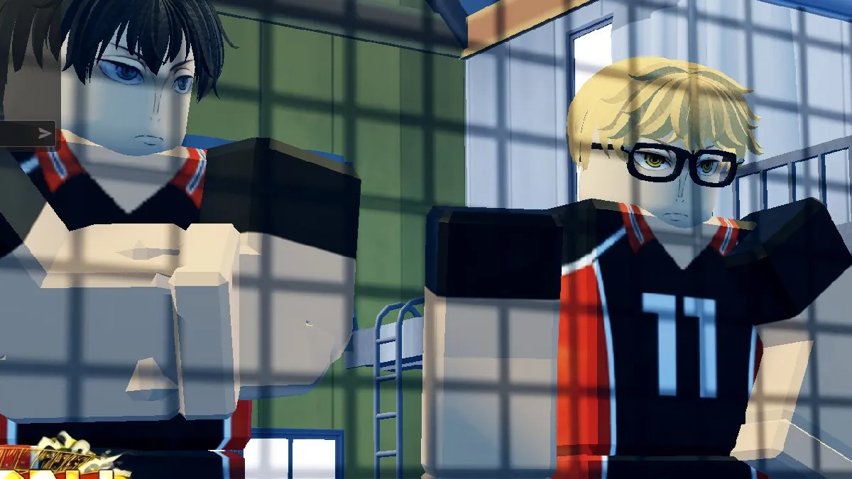 Volleyball Legends hinoto teammates tobio and tsuki behind volleyball net in roblox