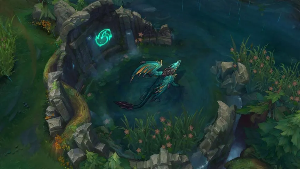 The Ocean drake flaps its wings inside of its pit in League of Legends.