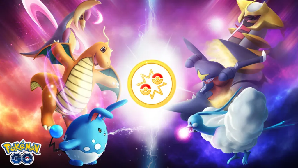 Cresselia, Dragonite, Azumaril, Giratina, Garchomp, and Altaria flash in front of a galaxy-colored background.