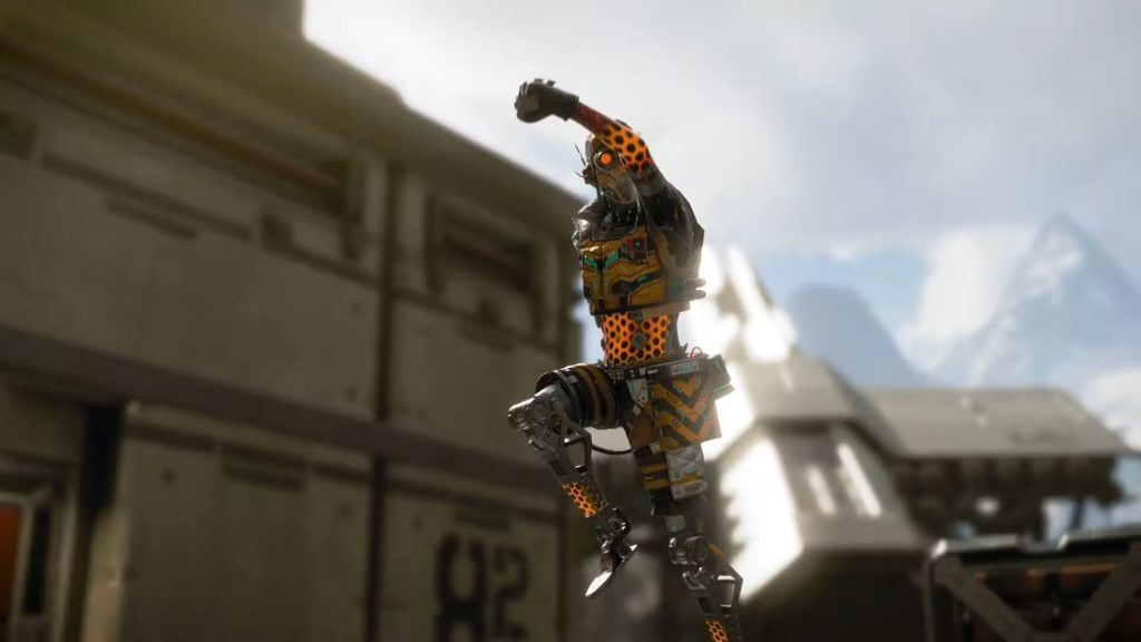 A screenshot of Apex Legends character Octane about to lift-off from one of his jump pads.