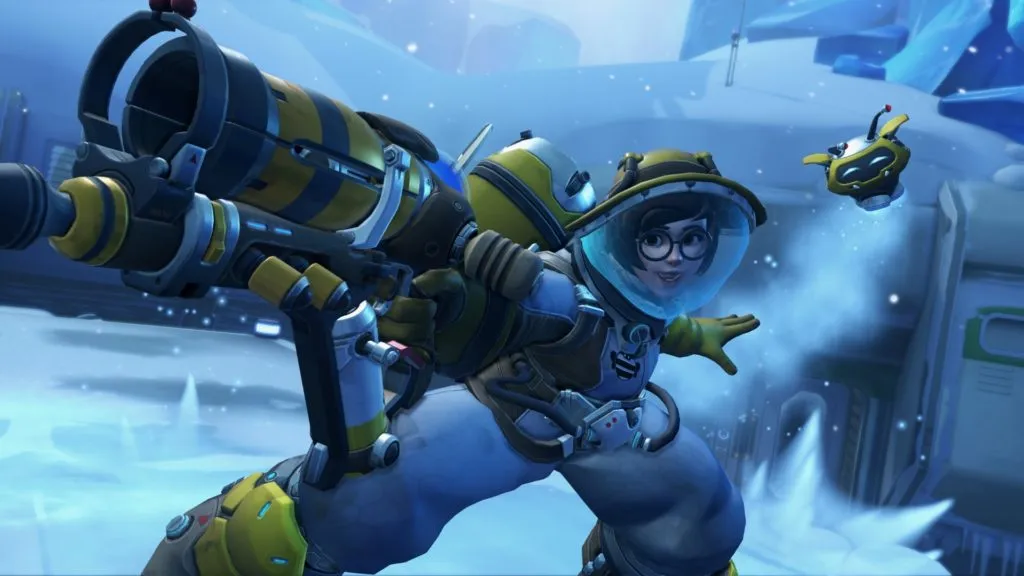 Mei from Overwatch in her Beekeeper skin while posing at the end of one of her highlight reel intros.