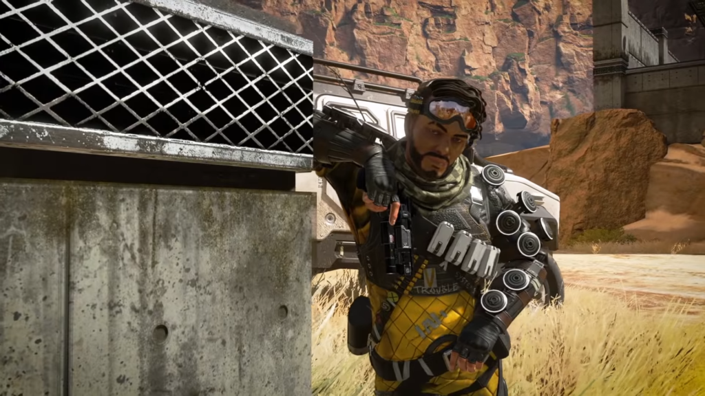 A screenshot of Apex Legends character Mirage leaning against a wall.